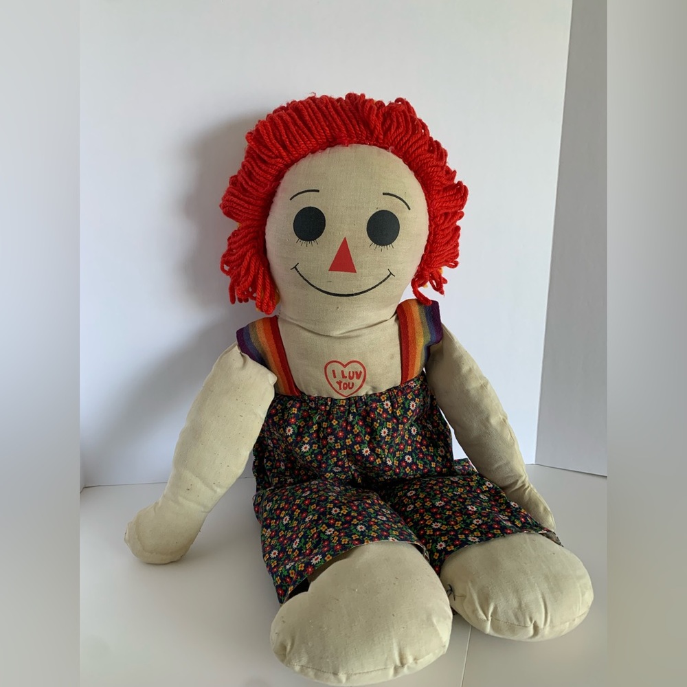 Vintage Raggedy Ann 30” I Luv You Plush Doll Rainbow Hair and Suspenders Overall